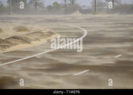 Tempête de sable en travers de la route, Abu Dhabi, UAE Banque D'Images