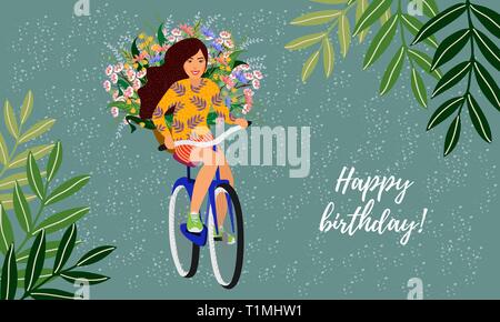 Joyeux anniversaire. Cute smiling girl isolés sur un vélo avec un panier de fleurs sauvages. Illustration vecteur horizontal Illustration de Vecteur