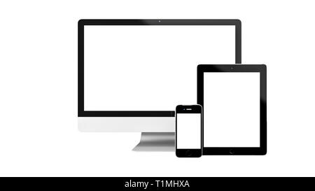 Le rendu 3D de l'écran de l'ordinateur et les appareils mobiles comme tablet et smartphone in front of white background pour l'affichage du contenu depuis Internet et ap Banque D'Images