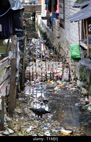 Les ordures et les déchets de plastique dans une voie navigable de Sawai - un petit village de pêcheurs sur l'île de Seram, Indonésie Banque D'Images