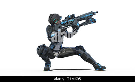Femme Soldat futuriste femme militaire, armés de la carabine sur fond blanc, sci-fi girl, 3D Rendering Banque D'Images