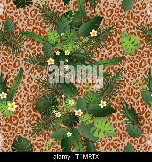 Modèle sans fond de fleurs exotiques. Des fleurs tropicales et laisse sur la peau des animaux en toile de fond. Verdure et Leopard print Conception sans couture Illustration de Vecteur