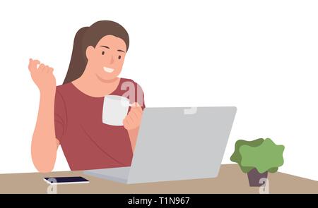 Cartoon character design personnes young woman holding Coffee cup assis en face de 24 à l'aide d'ordinateur portable. Idéal pour l'imprimé et le web design. Illustration de Vecteur