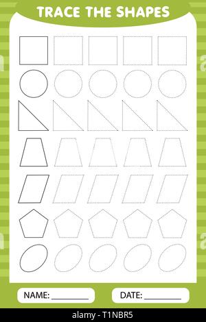 L'apprentissage pour les enfants, les tâches de dessin. trace les formes géométriques autour du contour. Illustration de Vecteur