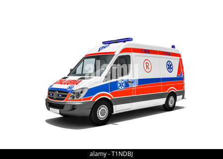 Le rendu 3D de l'ambulance d'urgence ou de camion de sauvetage avec les ambulanciers pressés pour personne blessée ou victime d'accident à l'hôpital Banque D'Images