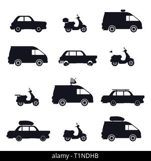 Silhouette de voiture et de minibus, scooter et auto Illustration de Vecteur