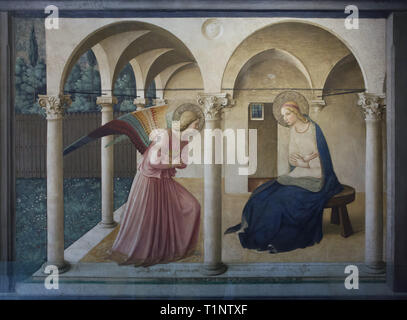 Fresco 'Annonciation' par début de la Renaissance italienne peintre Fra Angelico (1442-1443) dans le corridor nord dans le Couvent de San Marco (Convento di San Marco), maintenant le Musée San Marco (Museo Nazionale di San Marco), à Florence, Toscane, Italie. Banque D'Images