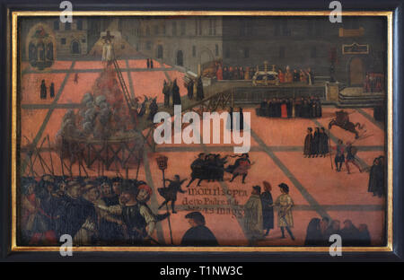 Artyrdom "peinture de Girolamo Savonarola à Piazza della Signoria, le 23 mai 1498' par un peintre inconnu datée de la fin du 15e siècle ou au début du 16ème siècle sur l'affichage dans la cellule de Savonarole au couvent de San Marco (Convento di San Marco), maintenant le Musée San Marco (Museo Nazionale di San Marco), à Florence, Toscane, Italie. Banque D'Images