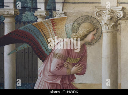 L'Archange Gabriel représenté dans la fresque 'Annonciation' par début de la Renaissance italienne peintre Fra Angelico (1442-1443) dans le corridor nord dans le Couvent de San Marco (Convento di San Marco), maintenant le Musée San Marco (Museo Nazionale di San Marco), à Florence, Toscane, Italie. Banque D'Images