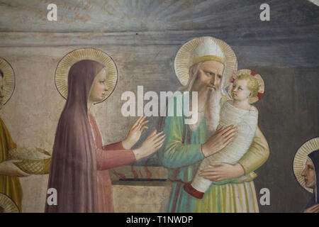 Détail de la fresque "Présentation de Jésus au Temple' par début de la Renaissance italienne peintre Fra Angelico (1440-1442) dans la cellule du moine au couvent de San Marco (Convento di San Marco), maintenant le Musée San Marco (Museo Nazionale di San Marco), à Florence, Toscane, Italie. Banque D'Images