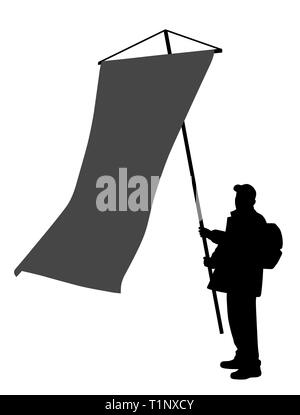 L'homme tenant un grand drapeau vertical Banque D'Images