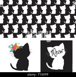 Ensemble d'illustrations vectorielles isolées de silhouettes de chat mignonnes. Répétition sans couture motif animal noir blanc. Chaton avec fleurs sur la tête. Pour la décoration des chambres d'enfants Illustration de Vecteur