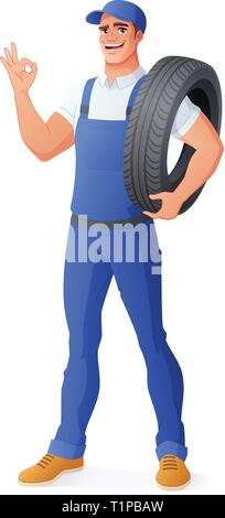 Mécanicien auto service auto man holding pneu. Vector illustration. Illustration de Vecteur