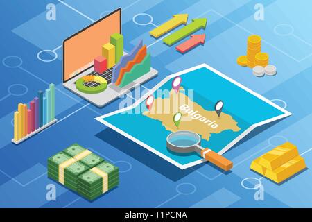 La croissance de l'économie entreprise isométrique Bulgarie pays avec la carte et l'état des finances - vector Illustration de Vecteur