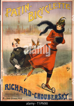 Patin-bicyclette -- Richard-Choubersky - Affiche montrant un homme sur des patins à glace tombé sur la glace sur un étang dans un parc et d'une femme sur le passé de patinage patins à roues sur une passerelle à côté de l'étang. Années 1890 Banque D'Images