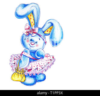 Cute little fluffy bunny girl avec de longues oreilles dans une robe rouge, Bow et de sacs à main regarde droit. Carte de souhaits pour Pâques, la Saint Valentin ou un anniversaire. Il Banque D'Images