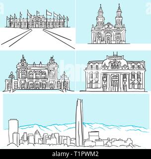 Santiago Chili célèbre architecture dessins à la main. Contour vectoriel croquis. Illustration de Vecteur