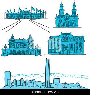 Santiago du Chili l'architecture célèbres icônes dessinés à la main, rempli de croquis vecteur. Illustration de Vecteur