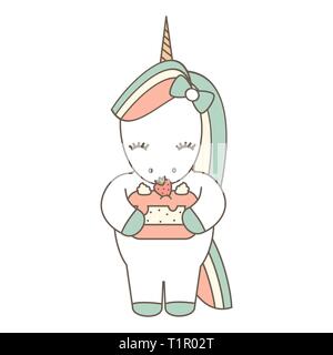 Cute cartoon vector avec unicorn strawberry cake belle illustration isolé sur fond blanc Illustration de Vecteur