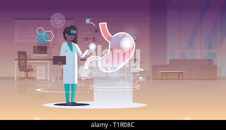 Femme Médecin Infirmière portant des lunettes numérique à la réalité virtuelle de l'estomac anatomie organe médical santé vision casque vr concept clinic Illustration de Vecteur