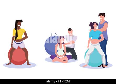 Les jeunes femmes enceintes race mix fitball exercices parmi des hommes de travail des entraîneurs personnels grossesse fitness concept de vie sain de personnages de dessins animés Illustration de Vecteur