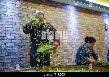 (190328) -- CHONGQING, 28 mars 2019 (Xinhua) -- Li Resort Yard (L), un héritier de la technique, fait de Fuling pickle pickles de manière traditionnelle lors d'un atelier à Chongqing, au sud-ouest de la Chine, 22 février, 2019. L'échelle de l'industrie de la Chine a dépassé 4,97 milliards de pickle yuan (environ 740 millions de dollars américains) en 2017, avec un taux de croissance composé de 7,3 pour cent au cours des cinq dernières années. Selon le gouvernement du district de Fuling à Chongqing, plus de 600 000 agriculteurs locaux sont impliqués dans la plantation de moutarde souches -- la matière première pour la saumure. En 2017, 1,6 millions de tonnes de moutarde souches wer Banque D'Images