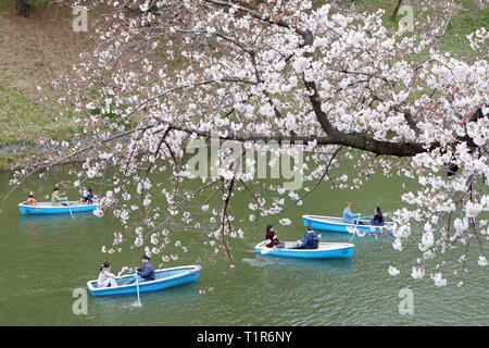 Tokyo, Japon. 28 mars 2019. Les habitants et les touristes profiter des cerisiers connu sous le nom de Sakura dans des bateaux à Chidorigafuchi parc sur les douves du Palais Impérial à Tokyo, Japon. Affichage de la fleur de cerisier, Sakura, ou est devenu quelque chose d'un passe-temps national pour les Japonais, et est un atout considérable pour les touristes. Durant que d'environ deux semaines, il s'assure que les zones les plus populaires sont toujours bondés et en prenant un tour en bateau sur la douve du château est l'un des moyens les plus populaires de voir les fleurs. Crédit : Paul Brown/Alamy Live News Banque D'Images