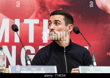 Liverpool, Royaume-Uni. 28 mars, 2019. Anthony Crolla durant la pré-match Conférence de presse finale à la Cunard Building le jeudi 28 mars 2019. LIVERPOOL, en Angleterre. (Usage éditorial uniquement, licence requise pour un usage commercial. Aucune utilisation de pari, de jeux ou d'un seul club/ligue/dvd publications.) Crédit : Taka G Wu/Alamy News Banque D'Images