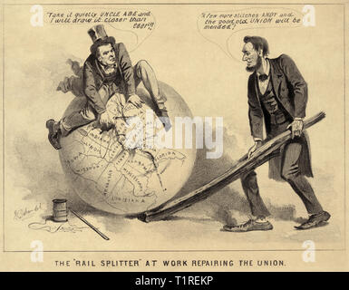 Le répartiteur ferroviaire, réparation du syndicat, caricature d'Andrew Johnson et d'Abraham Lincoln 1865 par Joseph E. Baker. Banque D'Images