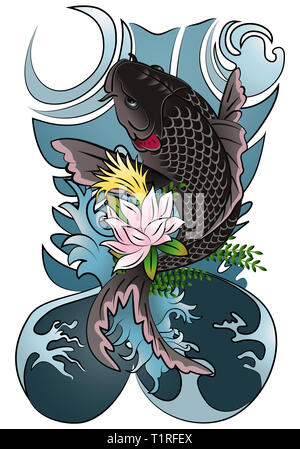 Illustration d'un Japon traditionnel type noir poisson koi tattoo ornement isolé sur fond blanc Banque D'Images
