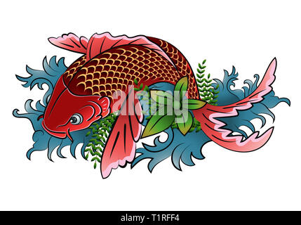 Illustration d'un Japon traditionnel de poissons dans un étang de koi tattoo ornement isolé sur fond blanc Banque D'Images