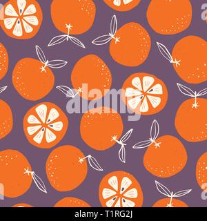 Dessiné à la main de couleur fantaisiste abstract doodle vecteur modèle transparent oranges sur fond sombre. Fruits d'été coloré Impression graphique parfait pour Kid Illustration de Vecteur