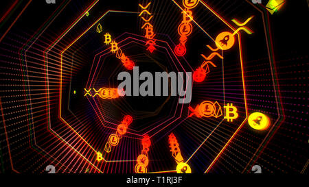 Technologie futuriste cyberspace tunnel avec cryptocurrency illustration flux Banque D'Images