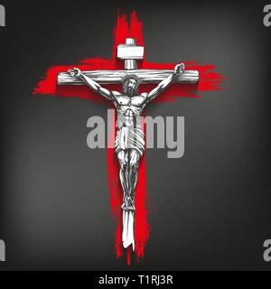 Jésus Christ, Fils de Dieu, crucifié sur une croix en bois, symbole du christianisme hand drawn vector illustration croquis Illustration de Vecteur