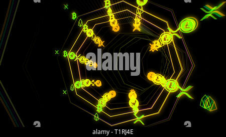 Technologie futuriste cyberspace tunnel avec cryptocurrency illustration flux Banque D'Images