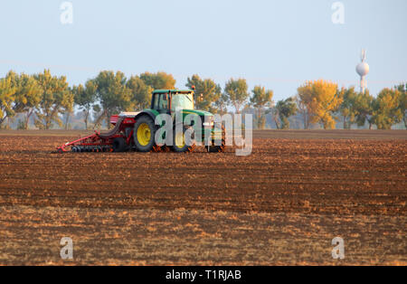 Agriculteur dans le tracteur pour préparer les terres de semence avec le cultivateur, coucher de shot Banque D'Images