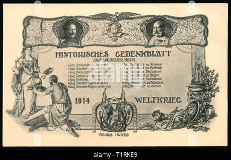 Allemagne, Berlin, LA PREMIÈRE GUERRE MONDIALE, la propagande patriotique, carte postale avec le titre : 'feuille commémorative historique - déclarations de guerre ', au-dessus des portraits de l'empereur Guillaume II et l'empereur François-Joseph I, il n'y a pas d'informations sur l'artiste et la maison d'édition., Additional-Rights Clearance-Info-Not-Available- Banque D'Images