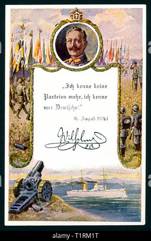 Allemagne, Berlin, LA PREMIÈRE GUERRE MONDIALE, la carte postale patriotique avec un portrait de l'Empereur Willem II et son disant ' Ich du bricolage outils pro - Meubles & accessoires keine Parteien mehr ich nur, du bricolage outils pro - Meubles & accessoires Deutsche !' (je ne connais pas les parties, je sais que l'allemand), la trame est un dessin avec les soldats, une arme à feu et probablement le yacht Hohenzollern ' ? ', La carte postale a été publiée par l'association des anciens combattants allemands et le produit est pour les enfants des orphelinats, de l'imprimé par Meisenbach Riffarth, Berlin et co-Clearance-Info Additional-Rights.,-Not-Available Banque D'Images