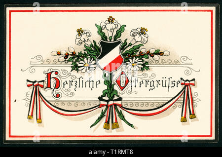 Allemagne, Hanovre, Basse-Saxe, LA PREMIÈRE GUERRE MONDIALE, la propagande patriotique, carte postale de Pâques avec le texte : 'Eastergreetings plus chaude ' et le noir-blanc-rouge, couleurs carte postale envoyée 03. 04. 1915. , Additional-Rights Clearance-Info-Not-Available- Banque D'Images