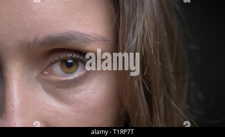 Demi-gros plan face à de jeunes pousses pretty caucasian brunette visage féminin avec des yeux brun à la caméra à droite Banque D'Images