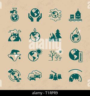 Différentes variantes d'icônes de style plat isolé sur fond blanc. Ensemble d'icônes vectorielles sur le thème de l'écologie, le réchauffement climatique et Illustration de Vecteur