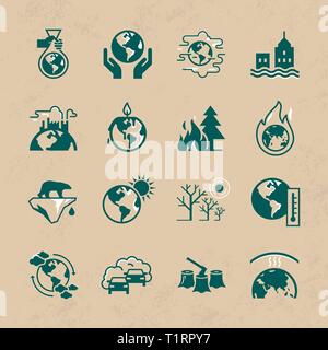 Différentes variantes d'icônes de style plat isolé sur fond blanc. Ensemble d'icônes vectorielles sur le thème de l'écologie, le réchauffement climatique et Illustration de Vecteur