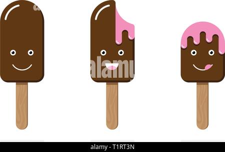 Glace sur bâton en bois lustre de chocolat dragées rose émotion différents ensemble emoji visage drôle sourire rire de lécher les lèvres de fondre. Vector illustration ca Illustration de Vecteur