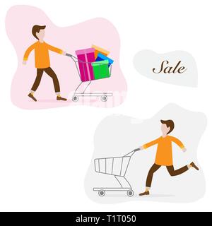 Homme avec panier vide et plein de cadeaux. Shopping l'homme. Le lendemain de la vente. Vendredi noir. Offre spéciale. Concept design pour la bannière, ma promotion Illustration de Vecteur