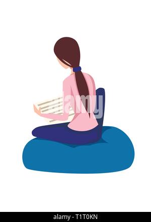 Jolies femmes s'asseoir et lire le journal. Cartoon character design. Cute girl cheveux brun. Télévision vector illustration isolé sur fond blanc. Illustration de Vecteur