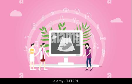 Congé de maternité ou de grossesse concept avec le médecin et le patient consultation avec moniteur échographie - vector Illustration de Vecteur