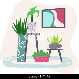 Télévision cartoon l'intérieur. Salon avec des plantes. Hygge. Vector illustration isolé. Illustration de Vecteur