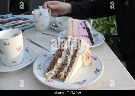 Gâteau à la noix allemand, tarte à la crème allemande avec café de mannequin. Banque D'Images