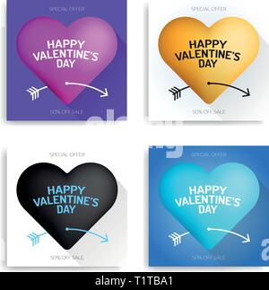 Définir la saint-valentin carte de vœux de luxe noir, rose, or, bleu cœur percé par la flèche de Cupidon à valentine Illustration de Vecteur