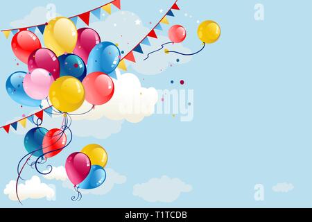 Châssis de fête avec des ballons et des drapeaux sur ciel bleu. Maison de vacances cartoon illustration avec place pour le texte. Illustration de Vecteur